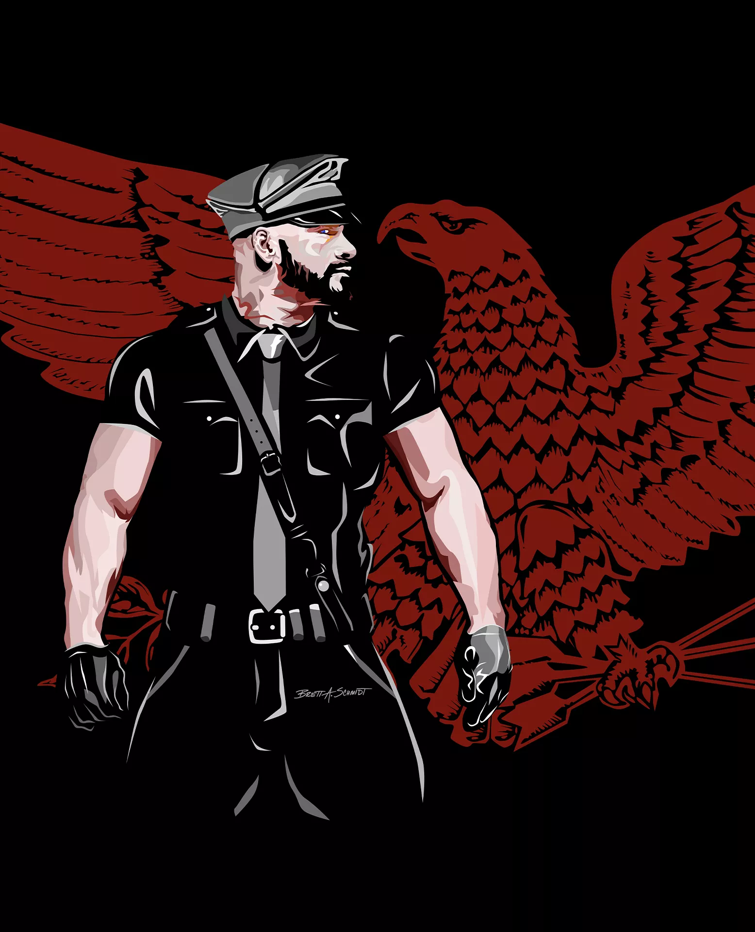A man in a police uniform stands against a red eagle emblem